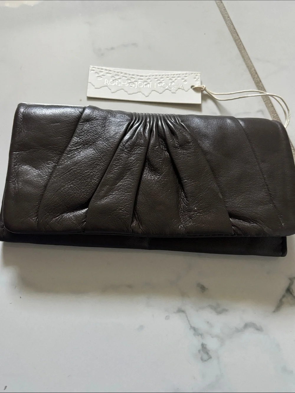 Rocha.john Rocha  Dark Brown Gathered Leather Foldover Clutch